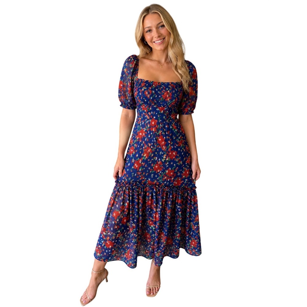 Rixo Joia Floral Polka Dot Smocked Maxi Dress Blue Red Womens Size M NWT